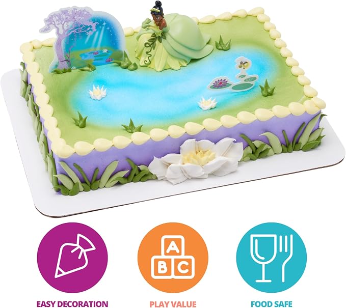 DecoSet® Disney Princess Tiana Cake Topper, 3-Piece Cake Decoration With Tiana And Frog Figurine, Water Lily Pic, And Background Scenery Pic