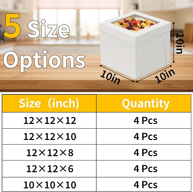 WINKIO 4 Pack Cake Boxes, Disposable Cake Transport Container, White Bakery Boxes with Large Window, for Cookies Pies Cupcakes Pastry (10×10×10 inches)