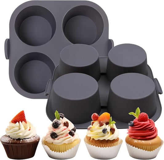 Silicone Muffin Tray for Air Fryer 1Pcs, 4-Cups Nonstick Muffin Pans with Carrying Handle, Silicone Cake Pans for Baking Cupcakes Pudding Dessert Quiches Tart, Grey