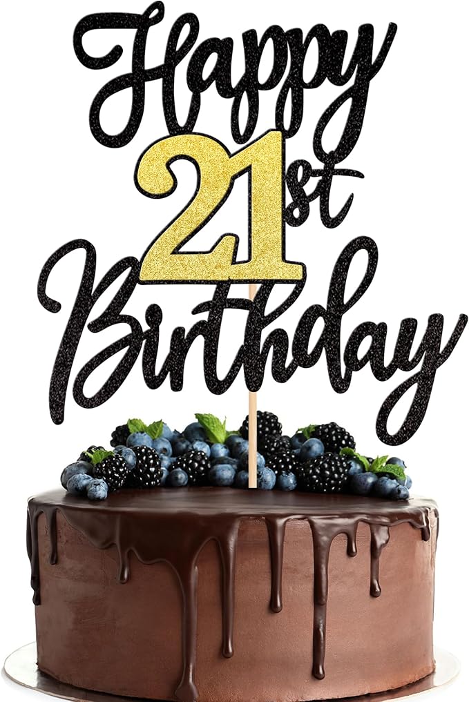 1 PCS Happy 21st Birthday Cake Topper - Black Gold Glitter Cheers to 21 Years - Fabulous Cake Decoration for 21st Birthday Party