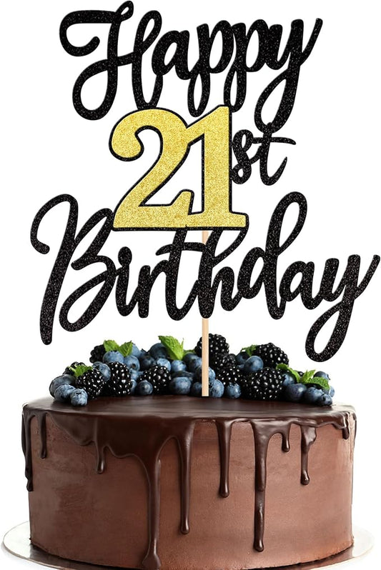 1 PCS Happy 21st Birthday Cake Topper - Black Gold Glitter Cheers to 21 Years - Fabulous Cake Decoration for 21st Birthday Party