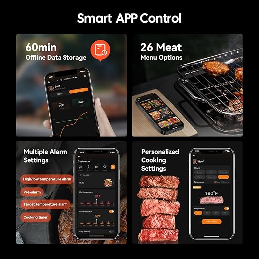 4-inch Short Probe Wireless Meat Thermometer – 1000ft Bluetooth, Clear LED Display, 60-Min Offline Data Storage – Digital Food Thermometer for BBQ, Grill, Oven, Rotisserie