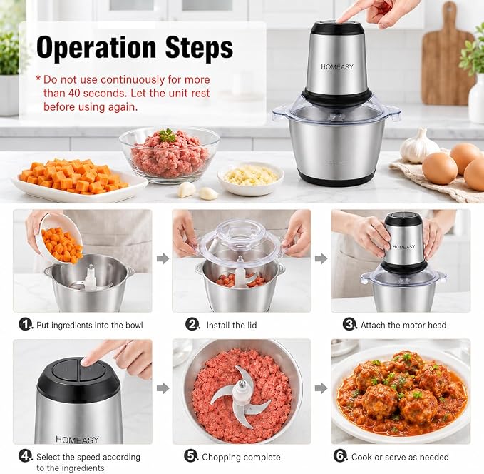 HOMEASY Meat Grinder Electric, Food Processor 2L Stainless Steel Meat Blender Food Chopper for Meat, Vegetables, Fruits and Nuts with 4 Sharp Blades, 350W, 8 Cups