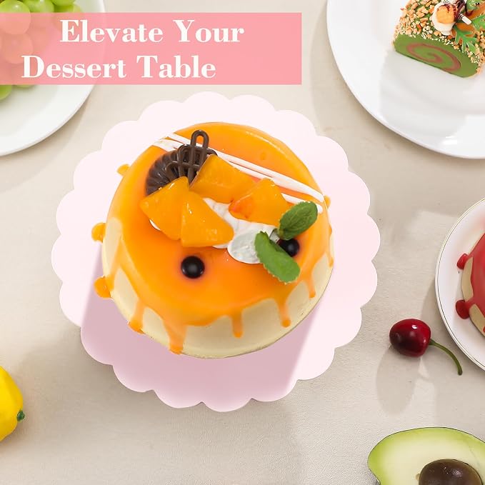 Vesici Pink Wooden Cake Stand Scalloped Reusable Round Cake Stand Dessert Holder for Cupcake Donut Dessert Wedding Baby Shower Party Supply (7.75" L x 7.75" W x 3" H)