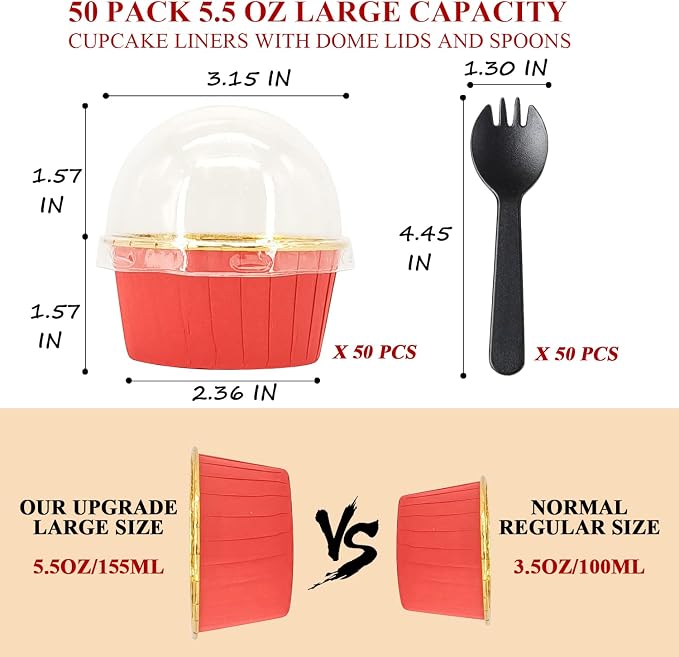 Large Cupcake Liners Baking Cups 50 Pack,LNYZQUS 5oz Foil Muffin Cups Muffin Tins,Disposable Ramekins Tins with Lids and Spoons,Cupcake Wrappers Holders for Wedding Bakery-Red in gold