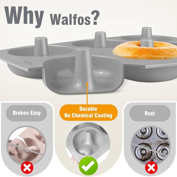 Walfos Donut Pan for Baking - Non-Stick Silicone Doughnut Pan Set, Silicone Donut Mold Heat Resistant, Make Perfect Donut Cake Biscuit Bagels, BPA FREE and Dishwasher Safe, Set of 3