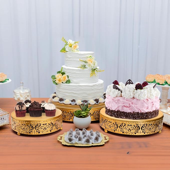 SOUJOY 3 Pack Metal Gold Cake Stand, 12/10/8 Inch Round Cupcake Stands, Dessert Table Display Set for Wedding, Party, Birthday, Event, Anniversary, Celebration, Table Decoration
