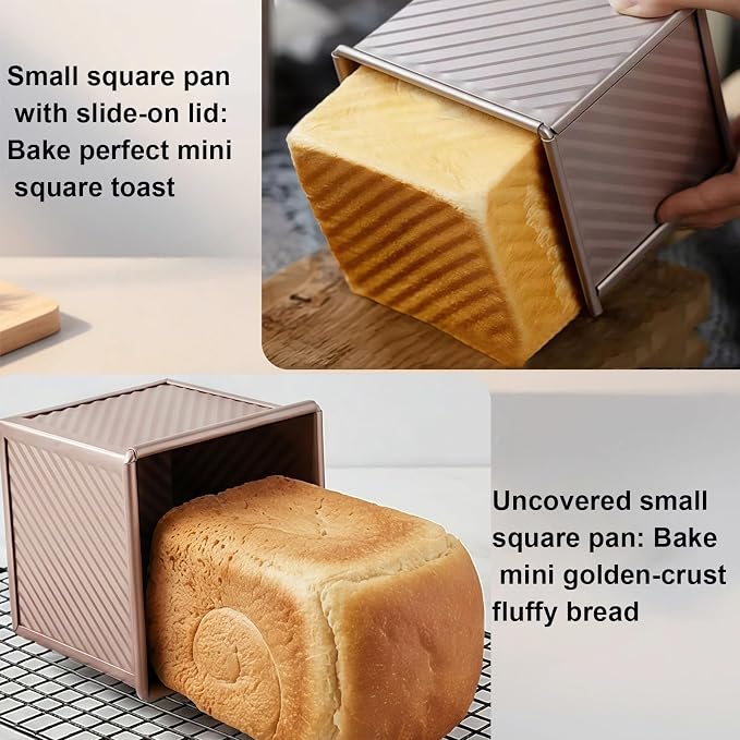 Mini Pullman Loaf Pan with Lid 2-Pack, 4 Inch Square Bread Pan Set of 2, Non-Stick Carbon Steel Baking Pans for Small Batch Homemade Bread