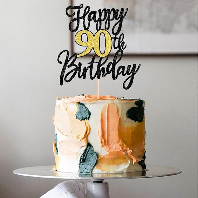 1 PCS Happy 90th Birthday Cake Topper Black Gold Glitter Cheers to 90 Years Birthday Cake Pick 90 Fabulous Cake Decoration for Happy 90th Birthday Anniversary Party Decorations Supplies