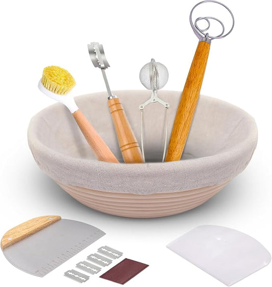 Banneton Bread Proofing Basket Set - Sourdough Bread Baking Supplies and tools, Round 9 Inch Bread Proofing Basket, Bread Lame, Dough Whisk, Metal and Plastic Scrapers, Flour Duster, Bread Making Kit
