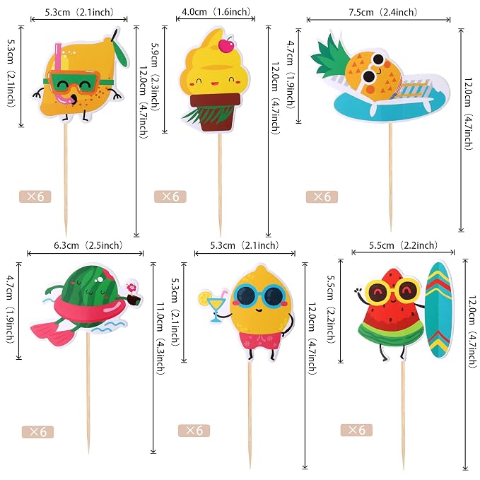 36 PCS Tropical Beach Luau Cupcake Toppers Fruit Watermelon Pineapple Ice Cream Lemon Cupcake Picks for Summer Hawaiian Luau Tropical Aloha Beach Theme Birthday Party Cake Decorations Supplies
