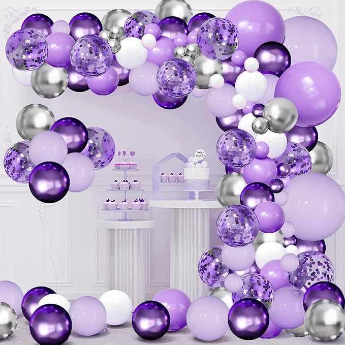 144Pcs Purple Silver Balloon Arch Garland Kit, 18/12/10/5 Inch Lavender Latex Metallic Confetti Silver Balloon Garland For Birthday Wedding Anniversary Graduation Engagement Baby shower Decorations