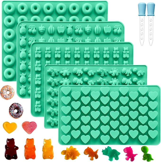 Silicone Gummy Molds Set of 5, Candy Molds Silicone with 2 Droppers for Convenient Filling, Gummy Molds Set Includes Dinosaur, Bear, Donut, Heart and Fruit