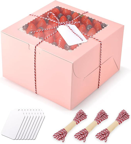 20Pcs 8 Inch Cake Boxes with Window, 8x8x5 Inches Pink Bakery Boxes, Cake Carrier Container for Pastries, Pie, Cookies, Chocolates, Cupcakes, Birthday Party, Wedding