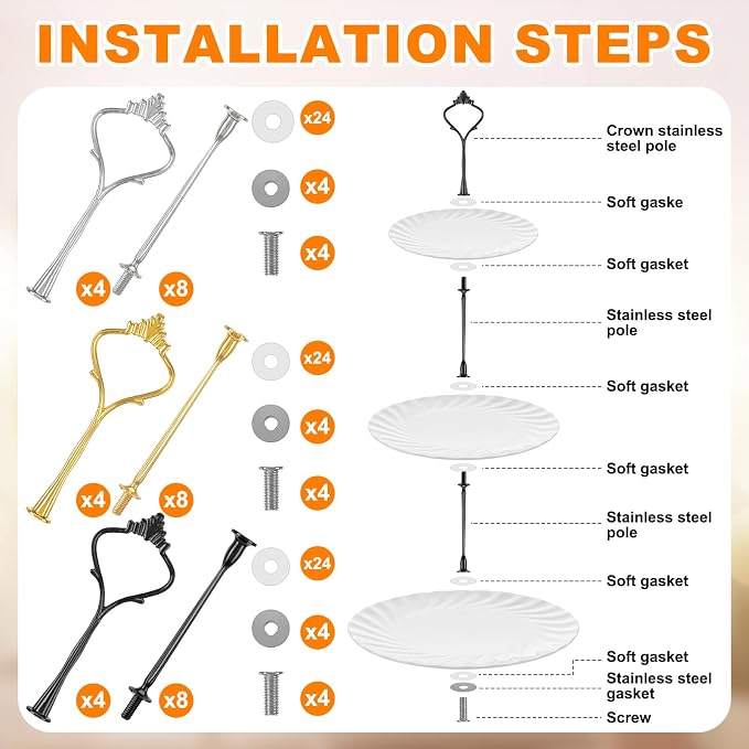 Patelai 12 Sets 3 Tier Cake Stand Hardware Tiered Tray Plate Hardware Kit Heavy Metal Cake Fruit Food Plate Stand Fitting Stacking Kit for Serving Dessert Cupcake Dish (Simple,Black,Silver,Gold)