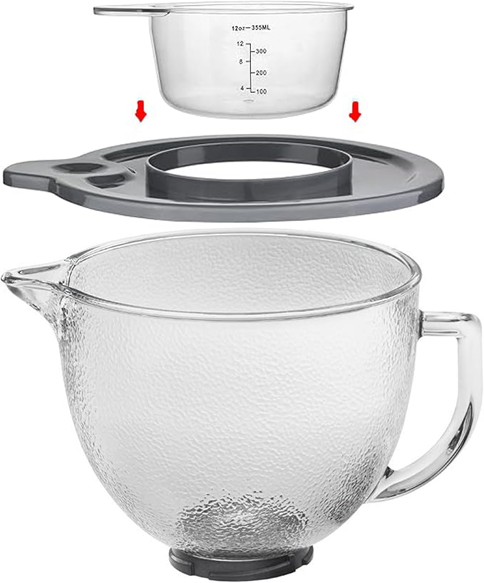 Replacement Glass Mixer Bowl with Lid and Attachments Set, 4.5-5 Qt,Compatible with Kitchenaid Tilt-Head Stand Mixers, Includes Beaters, Dough Hook, Wire Whip (Frosted color)