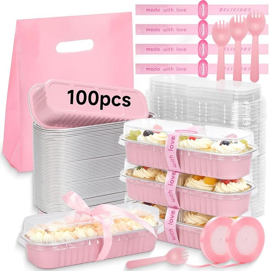 6.8oz Mini Loaf Pans with Lids, 100 Pcs Disposable Rectangular Aluminum Cake Pans, Pink Mini Baking Pans with Lids and Spoons, Includes 20 Pink Gift Bags, Small Cake Tins Ideal for Mini Cakes