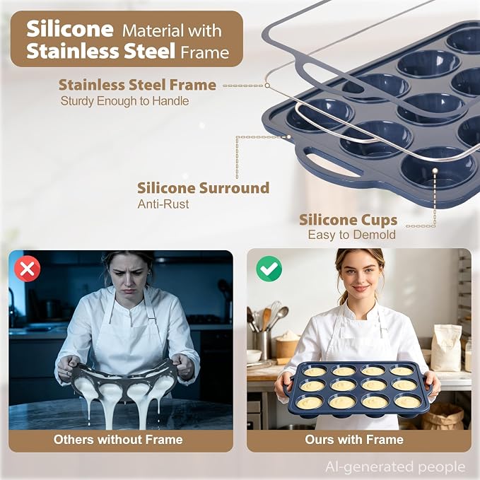 2 Pack Silicone Muffin Pan 12 and 24 Cup with Metal Frame,Non Stick Silicone Mini Cupcake Pan with Handles, BPA Free Silicon Regular Muffin Tin Tray Small for baking, egg bites, Mold Grey