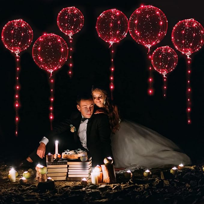10 PCS Light Up Led Balloons, 20 Inches Clear Helium Bobo Balloons, Glow Bubble Balloons with 10 PCS String Lights for Valentines Day, propose marriage, Wedding, Birthday Party Decoration (Red)