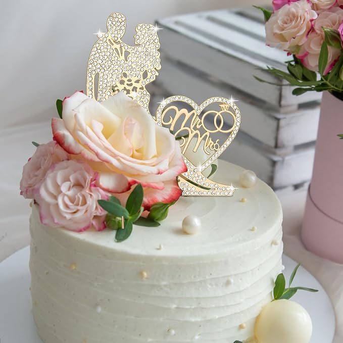 Jaciya Wedding Cake Topper Gold Bride and Groom Cake Topper Rhinestone Heart Shape Metal Mr and Mrs Cake Toppers Reusable Bridal Shower Engagement Anniversary Cake Decorations