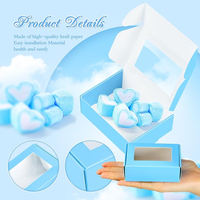 Zonon 60 Pcs Soap Boxes for Homemade Packaging, Mini Kraft Boxes with Window for Bakery Candy Soap Making Gift Packaging, 3.7x2.6x1.4 Inch (Blue)