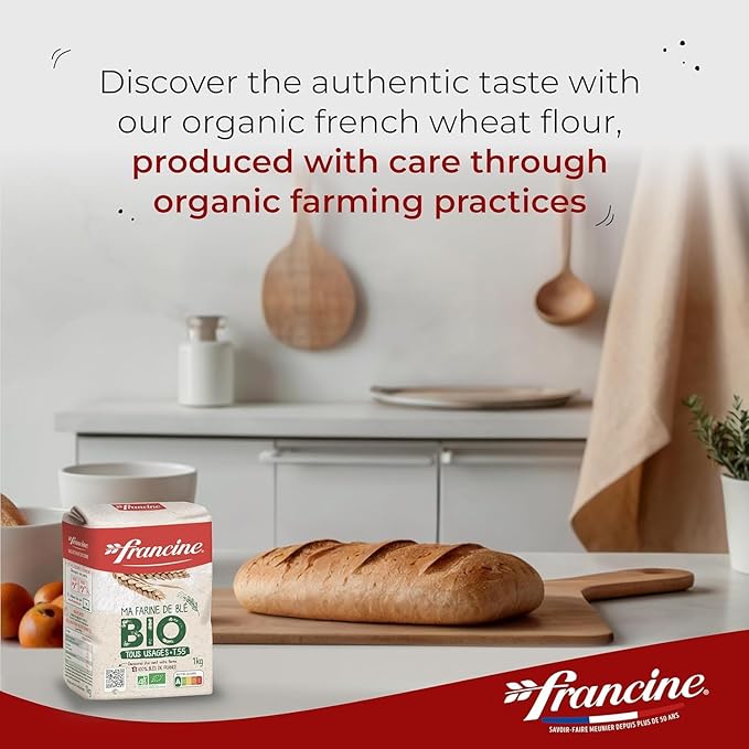 Francine Organic Wheat Flour, T55 Bio French Flour from France with Lower Gluten Content, Makes Great Breads, Pastries and Desserts, 35.3oz/1 kg