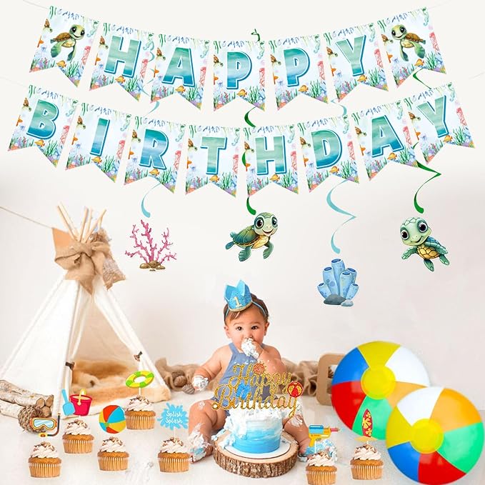 Zwiebeco Sea Turtle Happy Birthday Party Decoration Banner Bunting Garland Hanging Paper Swirls Kit for Ocean Animals Marine Organism Themed Boys Girls Kids Baby Shower Accessories Supplies