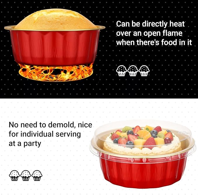 Beasea Disposable Baking Cups with Lids, 100 Pack 8oz Aluminum Foil Ramekins with Lids, 235ml Creme Brulee Muffin Cupcake Mini Pudding Baking Cup Tin for Party Birthday Wedding - Red Gold