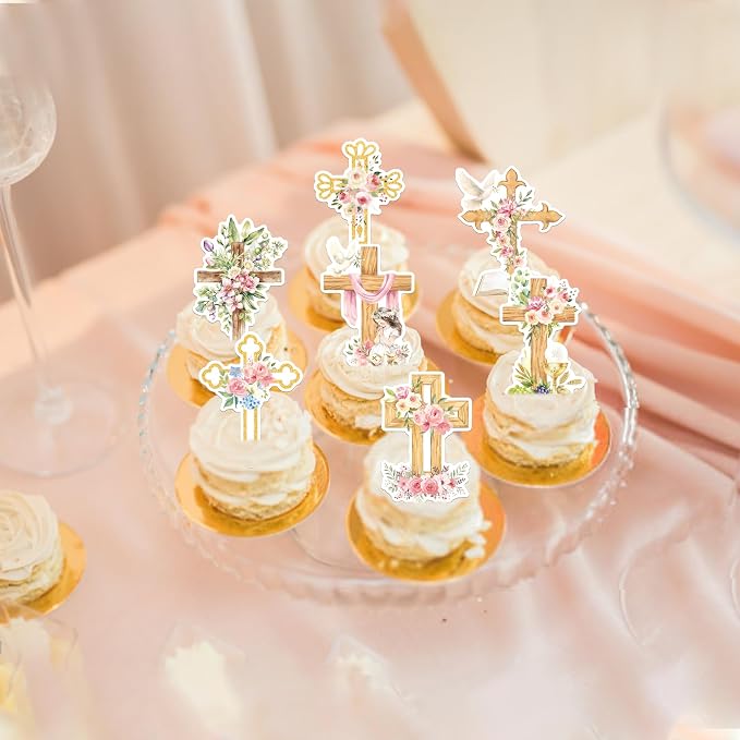 64 PCS Edible God Bless Cupcake Toppers Wafer Paper Dove Cross Baptism Cupcake Picks Edible Floral First Communion Cake Decorations for God Bless Theme Baby Shower Birthday Party Decorations Supplies