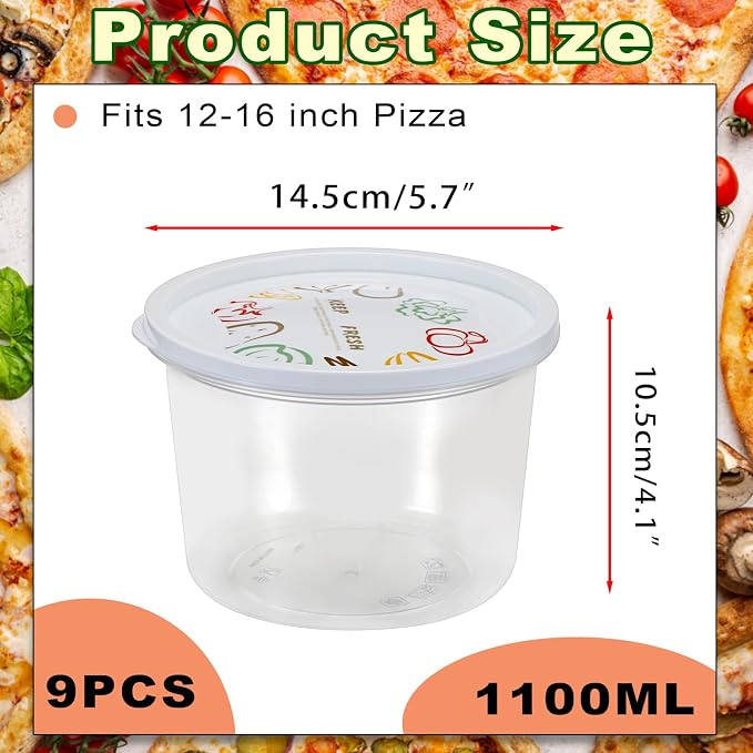 BSTKEY Round Pizza Dough Proofing Boxes, Set of 9 Stackable Food Storage Containers with Lid, 1100ml Clear Plastic Tray Fits for 300 Gram Pizza Dough, For Making 12-16" Pizzas