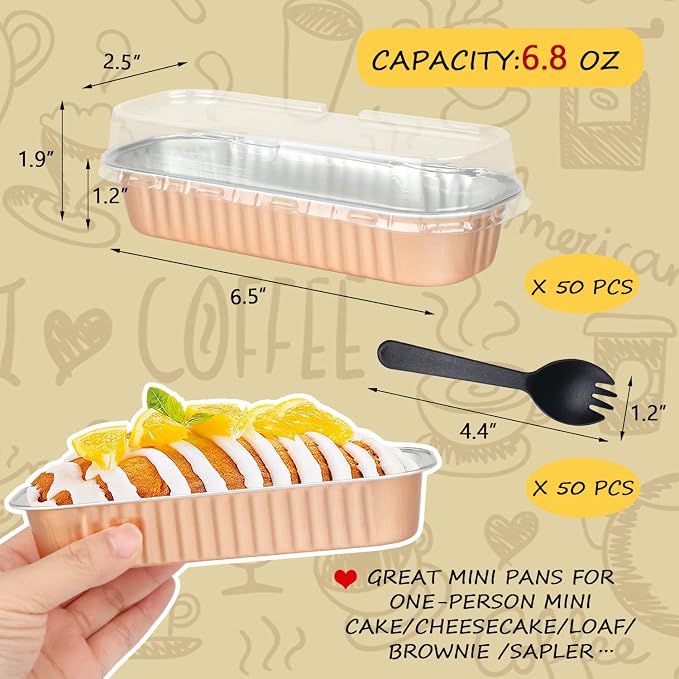 Disposable Mini Cake Pans with Lids 50 Pack,LNYZQUS 6.8oz Rectangle Baking Cups Muffin Tins, Aluminum Foil Baking Tins Mini Loaf Baking Pans Holders-Champagne