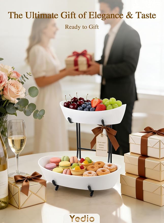 2 Tier Fruit Bowl for Kitchen Counter, Modern Black Ceramic Fruit Basket Stand, Small Space Saving Tiered Fruit Holder for Kitchen Organizer, White Porcelain Snack & Bread Display Serving Tray