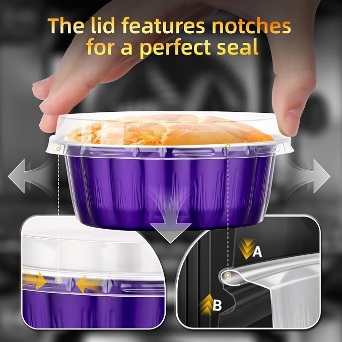 Beasea Disposable Ramekins with Lids, 120 Pack 8 oz 4 Inch Mini Aluminum Foil Creme Brulee Baking Cups Small Round Cupcake Muffin Tins Baking Cups Individual Containers for Party - Violet Purple