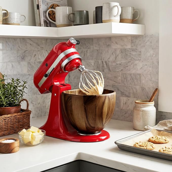 Premium Walnut Wood Mixing Bowl Compatible with KitchenAid 4.5 & 5 QT Tilt-Head Models, Handmade Natural Walnut Wooden Bowl with Stainless Steel Locking Base | 5QT