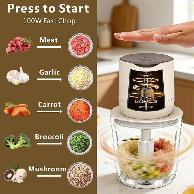 600ml Glass Cordless Food Chopper, Wireless Food Processor with 3 Sharp Blades ＆ USB-C Rechargeable Battery Motor, Small Garlic Vegetable Chopper, Electric Meat Blender Grinder, Portable Mini Mixer