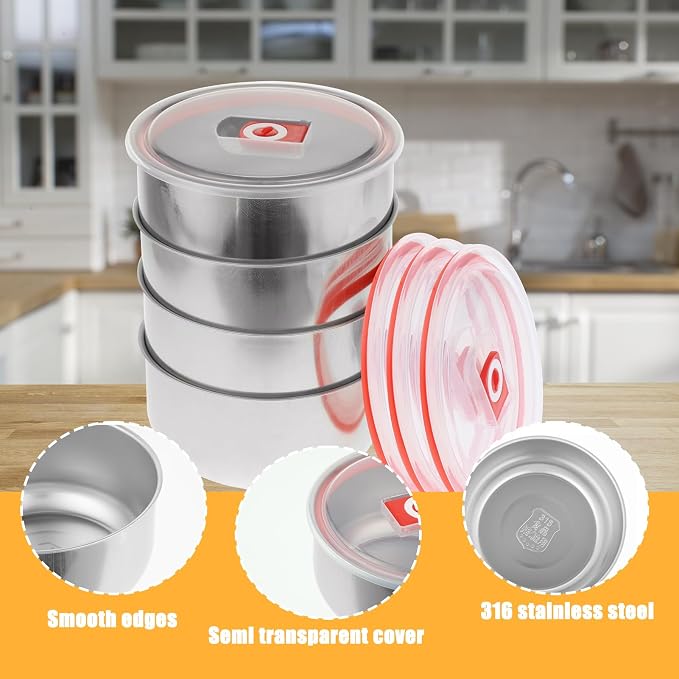 4 Packs Pizza Dough Proofing Box with Lids 5.3x5.3x3.15 Inches Stainless Steel Leak Resistant Containers with Lids Pizza Bread Proofing Box 1000ML