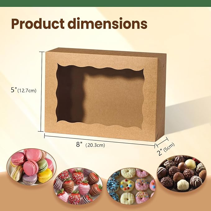 TEMLQPACK 25PCS 8x5x2Inch Brown Cookie Boxes Bakery Boxes with Window for Cakesickle, Chocolate Truffle, Chocolate Covered Strawberry, Pretzel &More