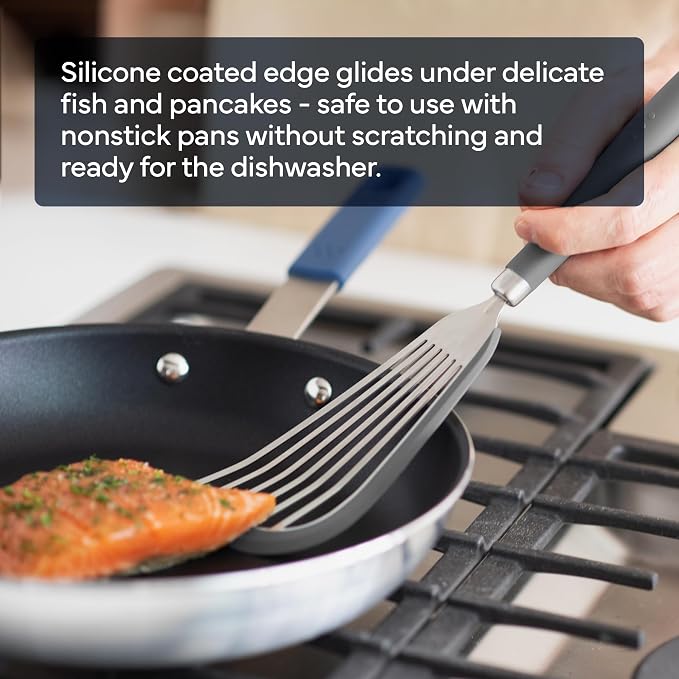 Misen Fish Silicone Spatula - Slotted Turner for Cooking - Perfect for Frying - Heat Resistant - Dishwasher Safe -1mm Thick Flexible Flipper - Soft Silicone Grip Handle for Easy Use