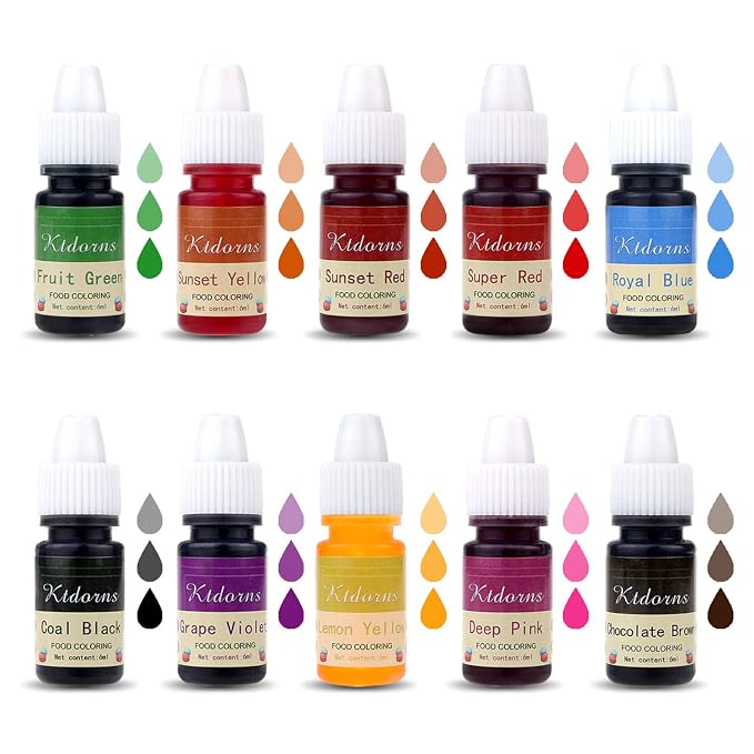 Food Coloring - Yellow,Blue,Green,Violet 10 Color cake food coloring liquid Variety Kit for Baking, Decorating,Fondant and Cooking, Slime Making Supplies Kit - .25 fl. oz. (6ml) Bottles