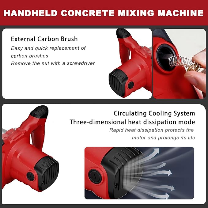 Cement Mixer, Handheld Electric Concrete Mixer, Portable Mortar Mixer with 6 Adjustable Speed, 110V Mud Mixer Machine Drill Tool for Paint Mortar Fodder Mixing Drywall Grout Plaster (Red)
