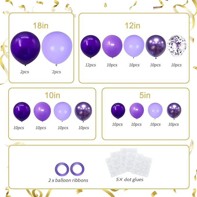 136-Pack Metallic Purple & Lavender Lilac Balloon Garland Kit - Chrome Purple, Dark/Light Purple Balloons with Confetti for Princess Birthday, Wedding, Baby Shower, Bachelorette Decor