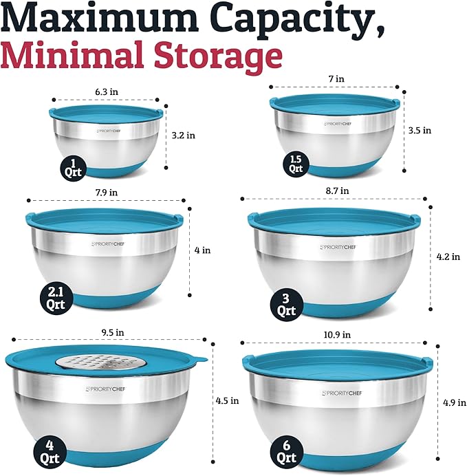 Priority Chef 6pc Stainless Steel Mixing Bowls with Lids Set, 7 Qt, Turq | 6pc Non-slip nesting bowls 1-7 qt, 3 graters & interior measurement marks; for meal prep, baking & airtight fridge storage