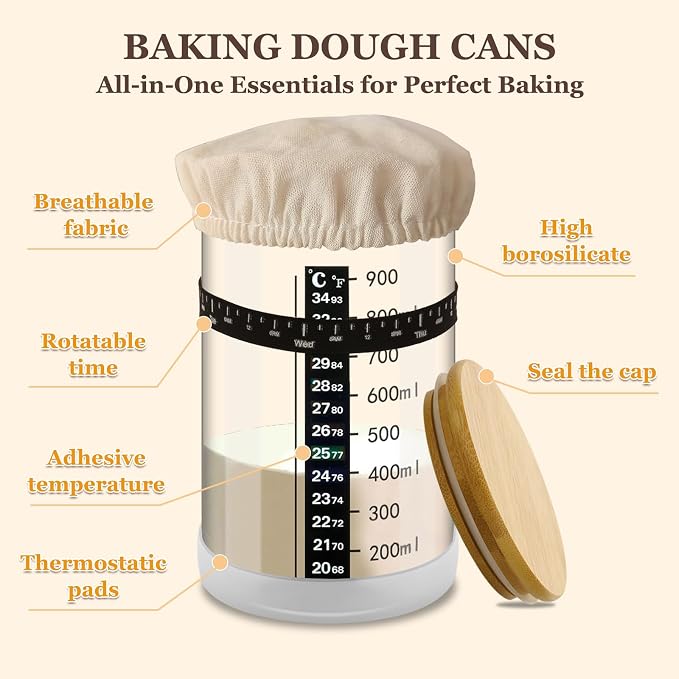 2Pcs Sourdough Starter Kit, 34 OZ Sourdough Starter Jar with Date Marked Feeding Band, Thermometer, Cloth Cover & Metal Lid, Reusable Sourdough Bread Baking Supplies, Home Baking Supplies (2)