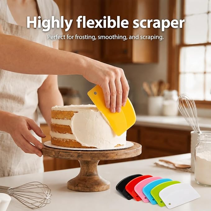 7-Pack Bench Scraper for Bread, Plastic Flexible Kitchen Dough Scraper Plastic BenchScraper for Bread Dough Cake Fondant Icing (White, Black, Yellow, Sky Blue, Green, Pink, Red)