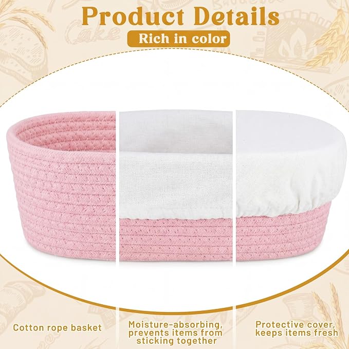4 Pcs 10 Inch Bread Proofing Basket Set Cotton Rope Oval Banneton Basket Sourdough Bread with Liners Covers for Baking Supplies (Pink)