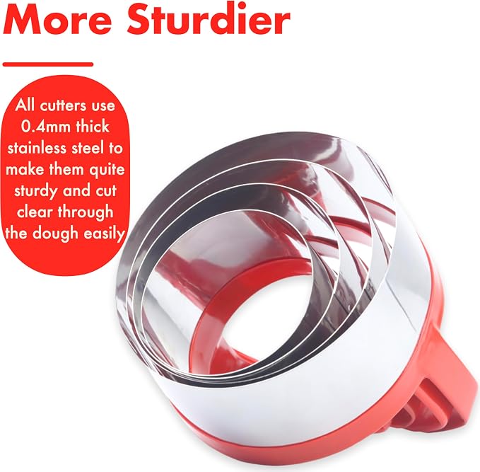 4-Piece Round Cookie & Biscuit Cutters Set - Ergonomic Design, Red Silicone Grip, 0.4mm Stainless Steel, Ideal for Baking Fun Treats, Sizes: 2.5", 3", 3.5", 4"