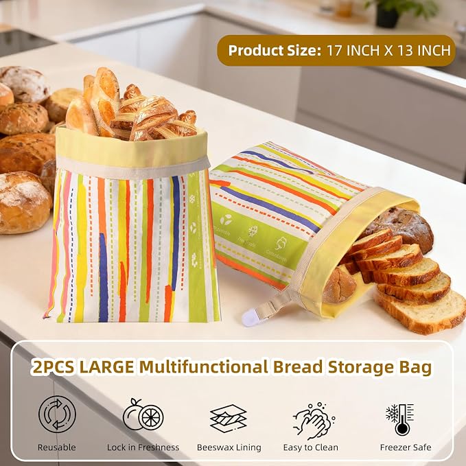 2 Pack Beeswax Bread Bags for Sourdough Homemade Bread，XL Reusable Beeswax Bread Storage Bag，Portable with large capacity，Keeps Fresh, Easy to Clean