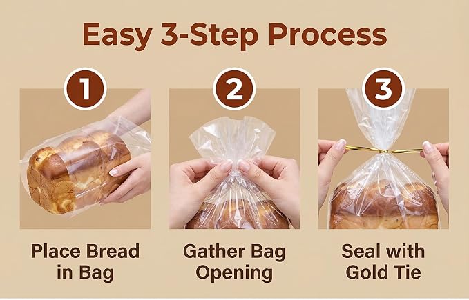 Wowfit Bread Poly Bags – Pack of 100 Entirely Transparent Clear Bakery Bags – Bread Packaging Bags with 100 Gold Twist Ties – 6x3x15-Inch Grocery Bread Bags