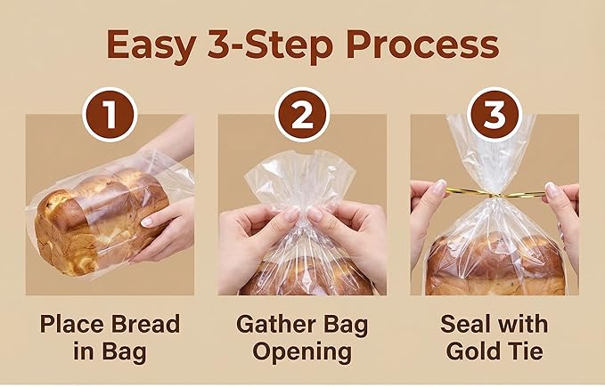 Wowfit Bread Plastic Bags, Pack of 50 Reusable Clear Bakery Storage Packaging for Homemade Loaf, Includes 50 Gold Twist Ties