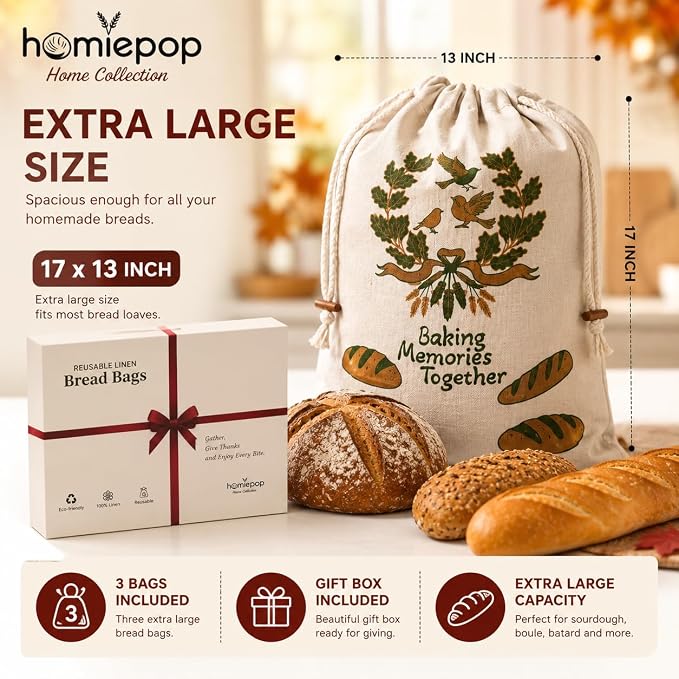 Bread Bags for Homemade Bread, 3 Pack Linen Bread Bags with TPU Lining, Reusable Sourdough Bread Storage Bags, Drawstring Closure, 17 x 13 Inch, Thanksgiving Fall Design, Gift Ready Box